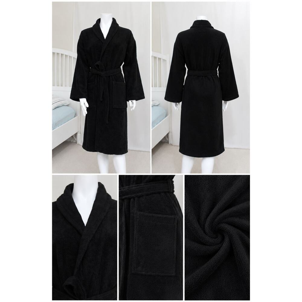 Black Bathrobe 100% Cotton Unisex Soft Spa Robe S/M Turkish Towel Belted Pockets - Picture 5 of 6